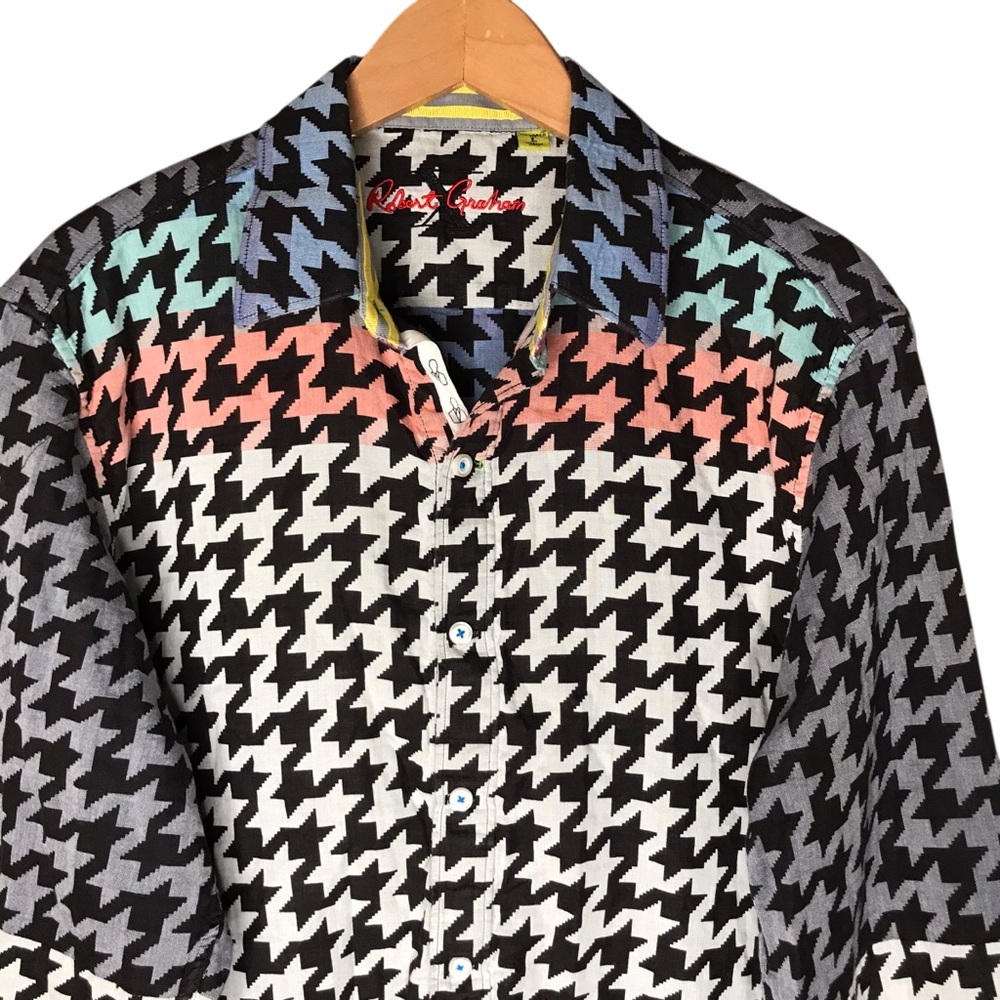 Robert Graham Multicolour Houndstooth Button Front Shirt Long Sleeve Men's Large - Picture 3 of 15